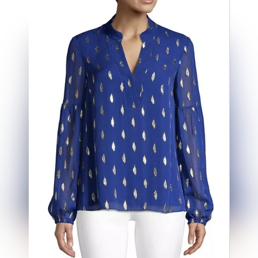 Lilly Pulitzer Blue Metallic Gold Dot Blouse, Sheer Long Sleeve V-Neck, Size XS